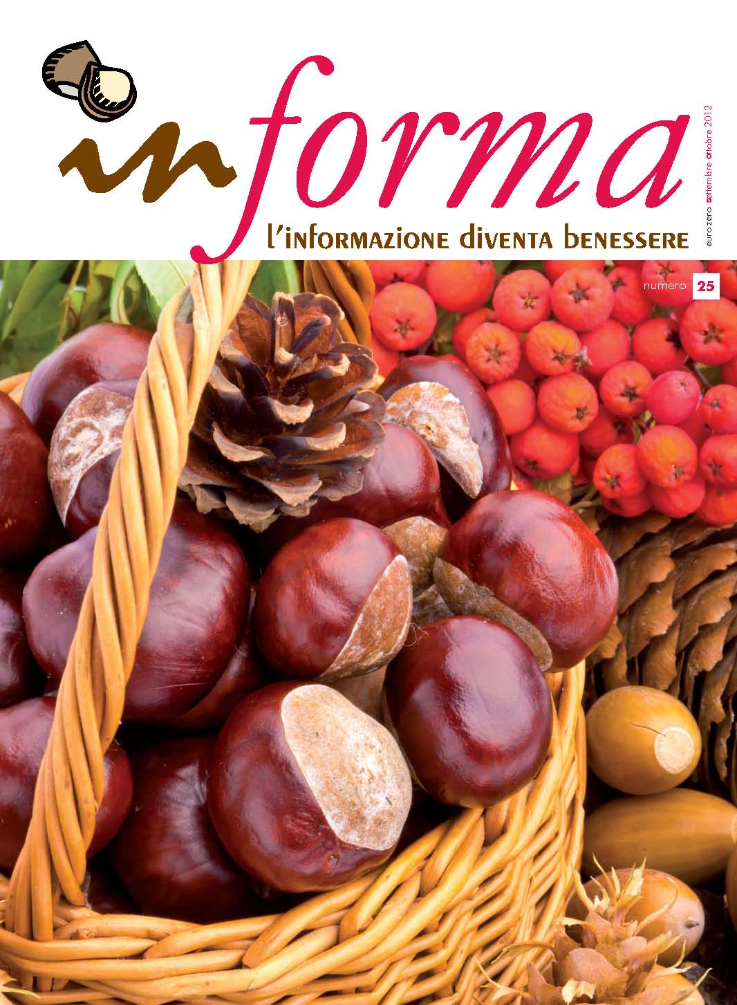 La copertina rappresenta un cesto di castagne in primo piano su uno sfondo di frutti arancioni