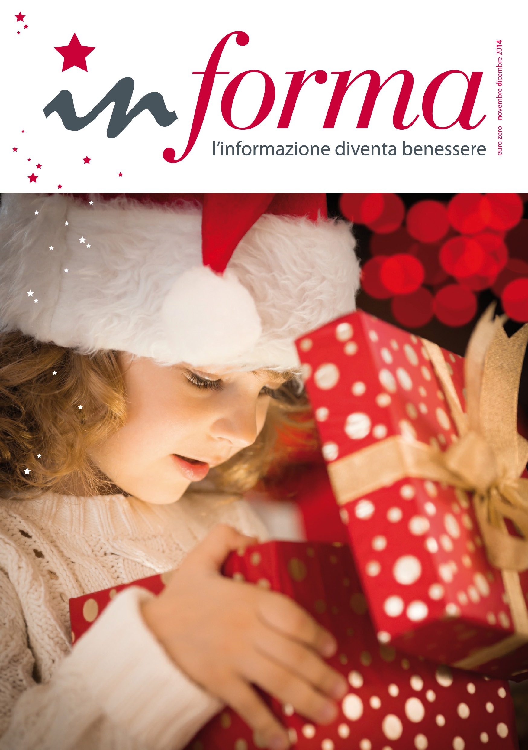 La copertina di  Informa numero di Natale del 2014 riporta una bambina bionda che apre un pacco natalizio rosso
